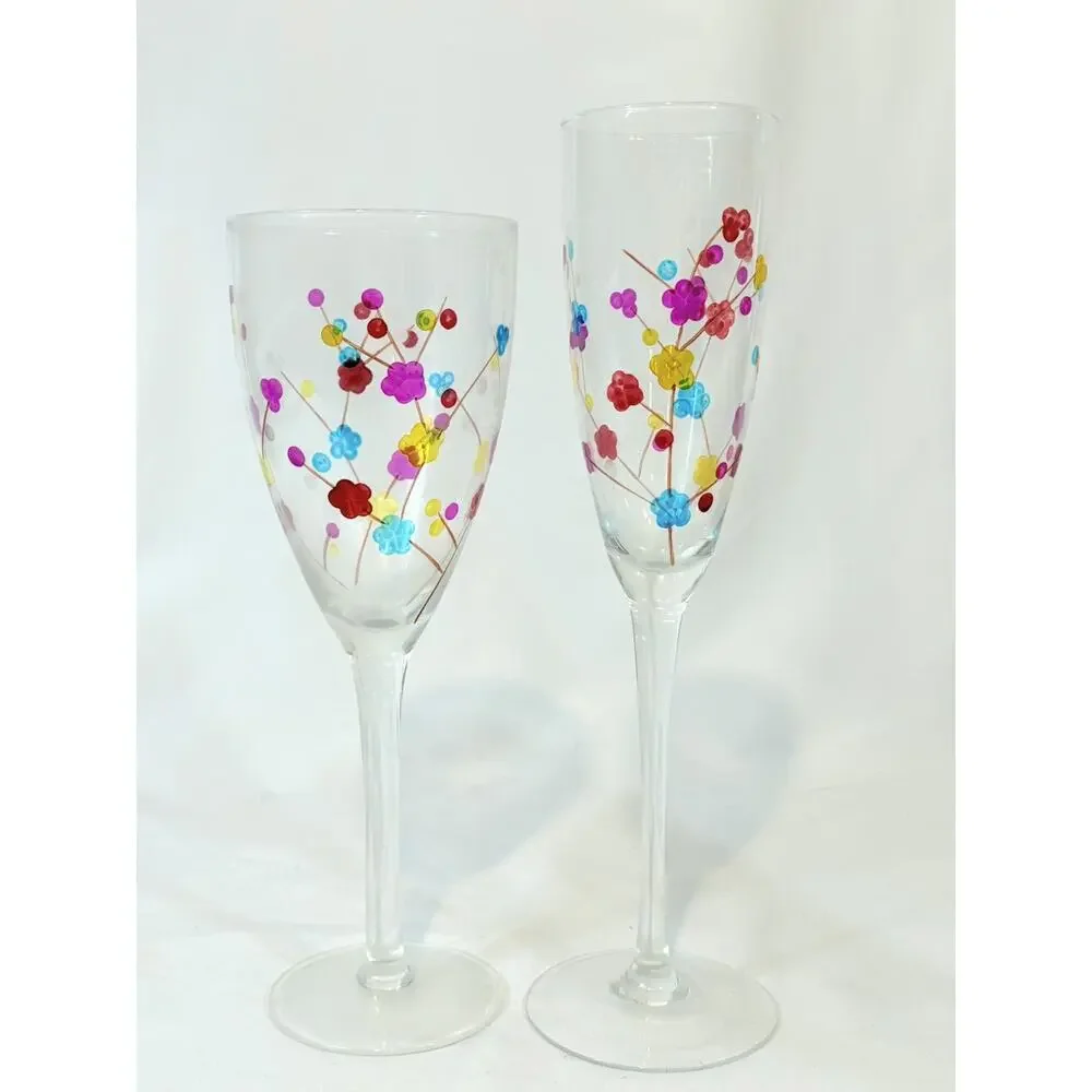 Pier 1 Cherry Blossom Flower Floral Water Wine Glasses Goblets + Flute Stemware